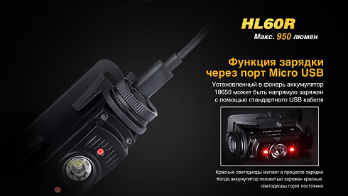 Фонарь Fenix HL60R (XM-L2 U2, ANSI 950 лм, 18650)