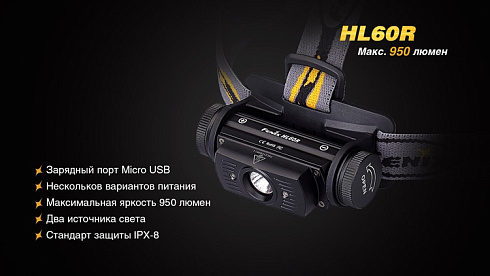 Фонарь Fenix HL60R (XM-L2 U2, ANSI 950 лм, 18650)